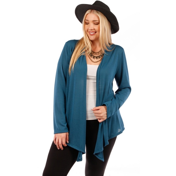 1x-3x PlusWaterfal Draped Open  Knit Cardigan TEAL - Picture 3 of 4